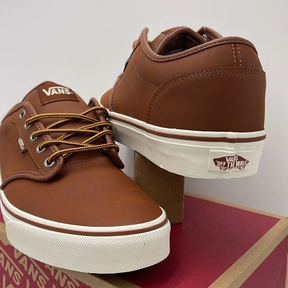 Vans Men’s Brown Leather Sneakers White Accents Atwood (Leather)Brown/Mashmallow